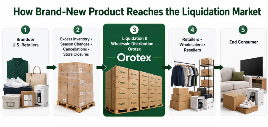 Flowchart showing how brand-new inventory moves from U.S. brands and retailers through Orotex to resellers and consumers