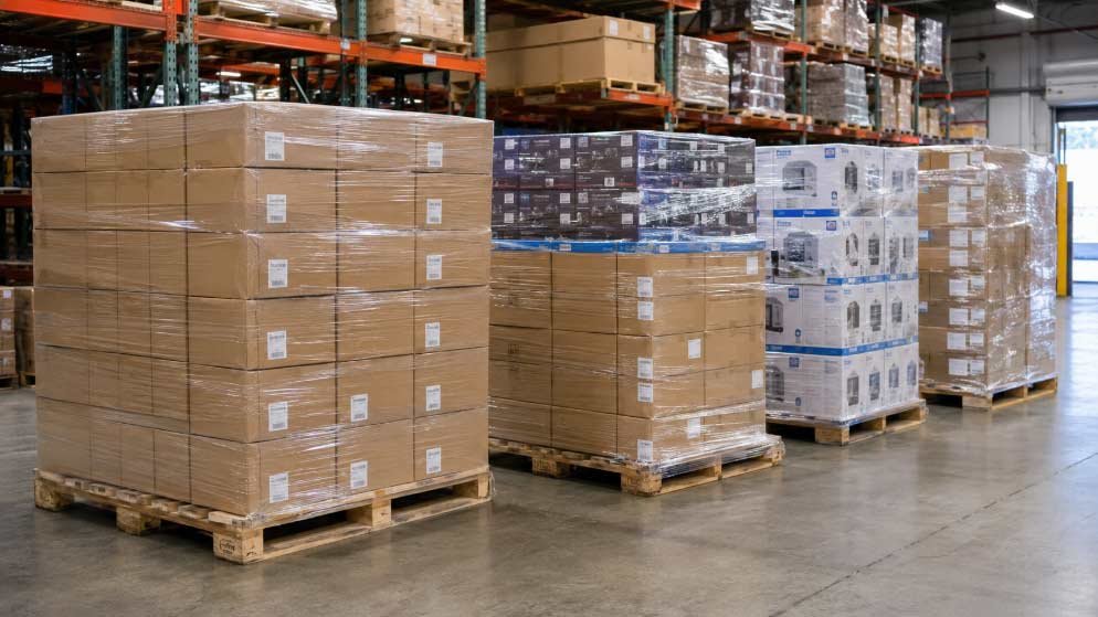 Brand-new sealed inventory pallets with intact boxes inside a wholesale liquidation warehouse