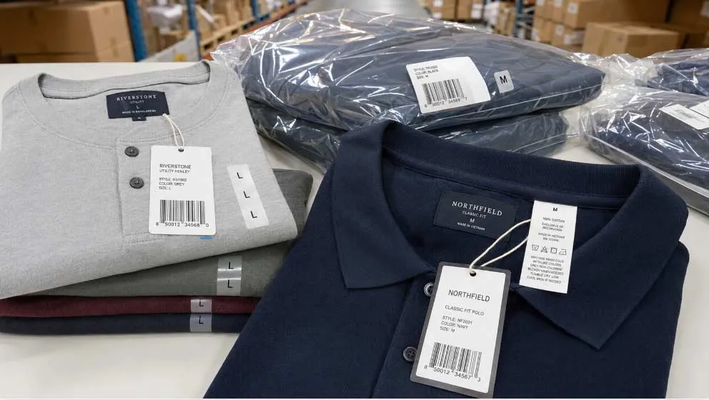 Brand-new merchandise with original brand labels, UPC codes, care labels, and retail packaging