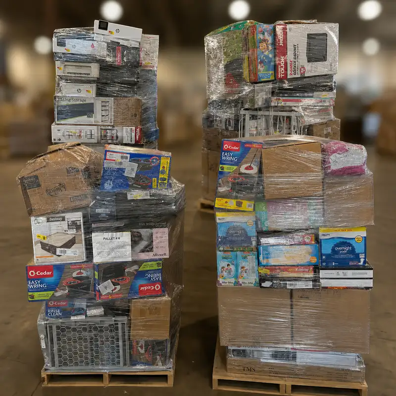General merchandise liquidation pallets inside a warehouse