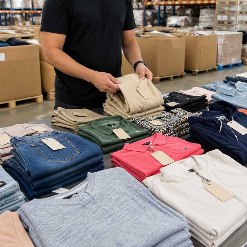 Clasificación de ropa nueva con etiquetas en pallets