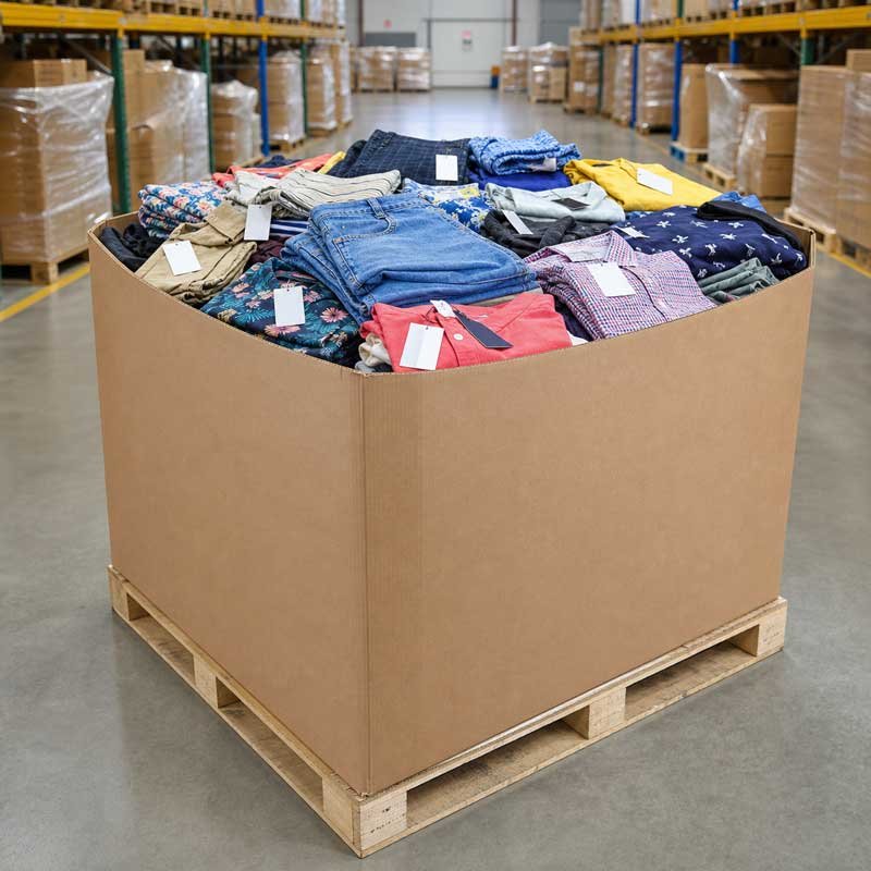 New-with-tags wholesale clothing liquidation pallet inside a warehouse